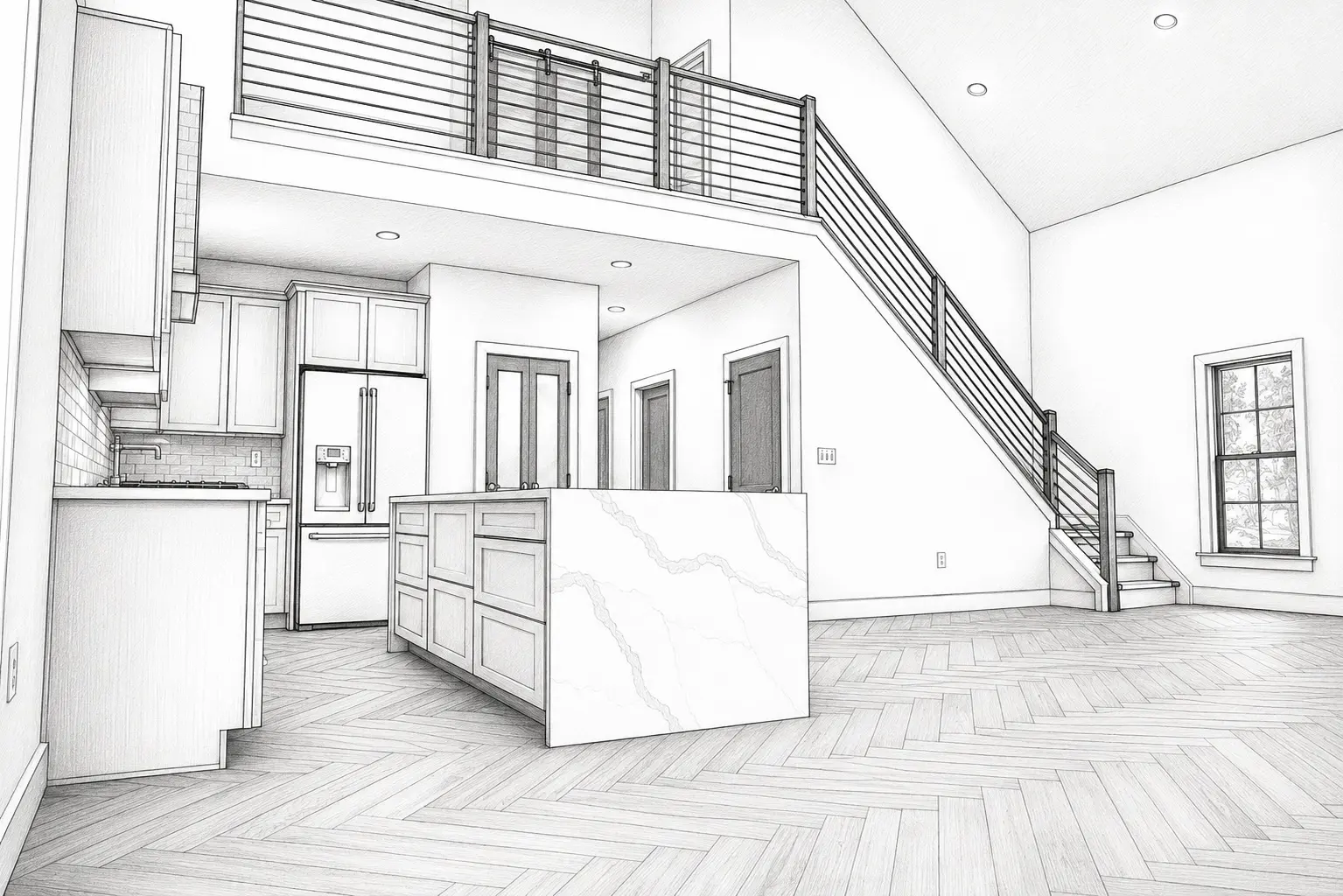 Architectural sketch of a custom home interior