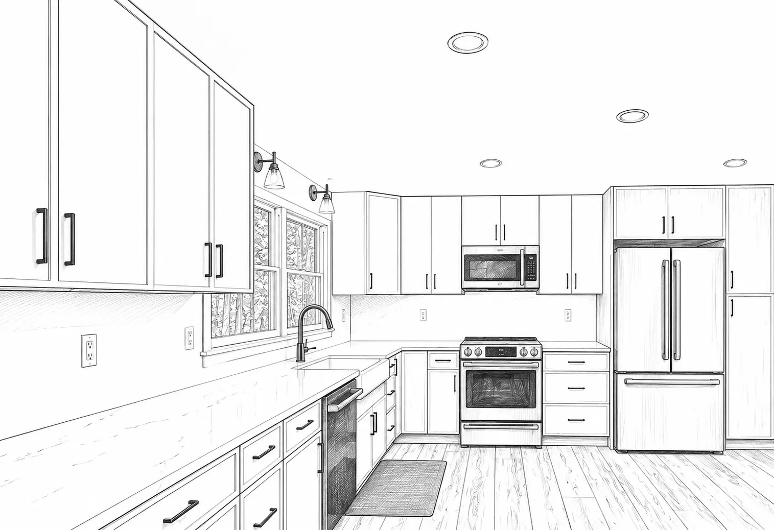 Line drawing of a kitchen renovation
